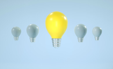 A bright yellow light bulb turned on against the background of other extinguished light bulbs on a blue background, leadership, business, brainstorm, search for new ideas. 3D rendering illustration