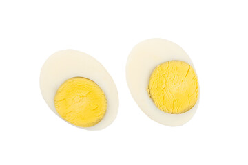 Fresh hard boiled chicken eggs isolated on white, top view