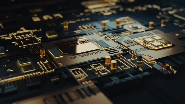 CPU Chip on Motherboard. High tech electronic circuit board futuristic server code processing. Futuristic mining gpu microchip processor. Quantum computer and big data concept. Sci-fi background