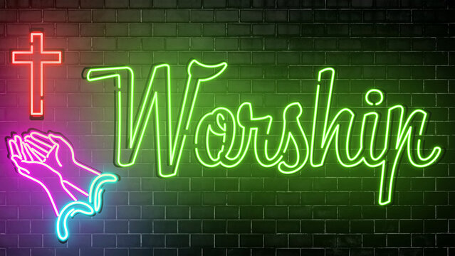 The word "Worship" and holy cross for good Friday and Easter day in church Christian music concerts or Sunday service.neon lights on the wall.