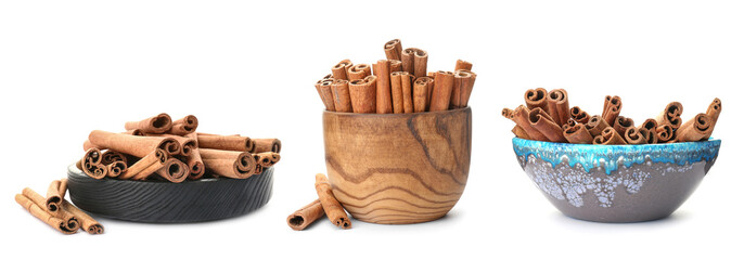 Set with aromatic cinnamon sticks on white background. Banner design