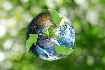 Recycling concept. Earth planet with green arrows and leaves on blurred background, illustration