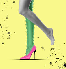 Epilation concept. Young woman with one leg as cactus and other one smooth on yellow background,...