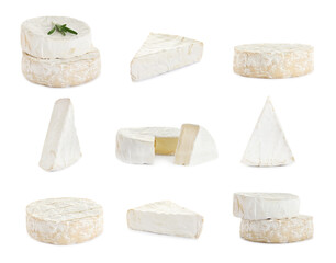Set with delicious brie and camambert cheeses on white background