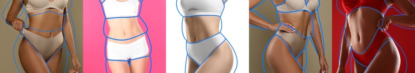 Collage with photos of slim young women wearing beautiful underwear on different color backgrounds,...