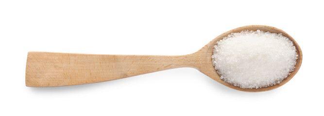 Granulated sugar in wooden spoon isolated on white, top view