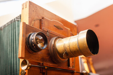 format camera with two interchangeable lenses. A very old daguerreotype camera.