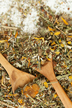 herbal medicine, herbal aromatic tea, dried medicinal herbs on a white background, herbal medicine
