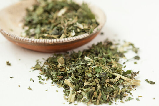 herbal medicine, herbal aromatic tea, dried medicinal herbs on a white background, herbal medicine
