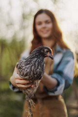 A happy young woman smiles as she looks into the camera and holds a young chicken that lays eggs for her farm in the sunlight. The concept of caring and healthy poultry