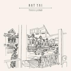 Vector Hat Yai, Thailand postcard. Old town Chinese Malay shophouses street view. Historical buildings in Songkhla province in the South Thailand. Travel sketch. Hand drawn vintage poster