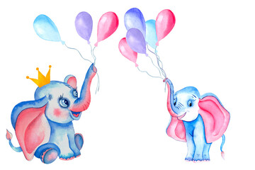 Set of watercolor elephant with balloons. Romantic pink and blue elephant with pink ears. Sweet animals. elephant in a golden crown. For children's invitations, birthdays, children's clothing