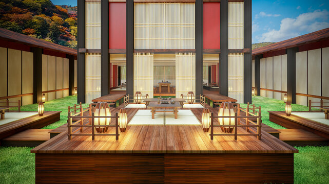 3D Rendering of Quaint Modern Chinese Tea House in a Bamboo Grove