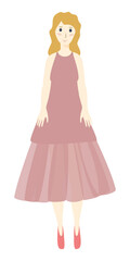 Girl in pink evening gown Full height portrait Front view Vector illustration Isolated on white background
