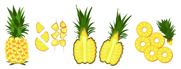 Set of ripe pineapples on white background - obrazy, fototapety, plakaty