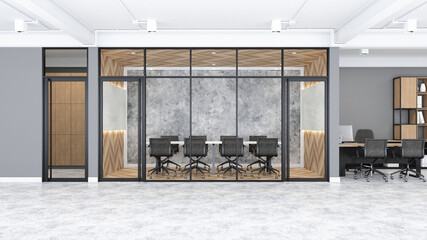 Modern loft meeting room with white desk and wood pattern wall, wood floor. 3d rendering
