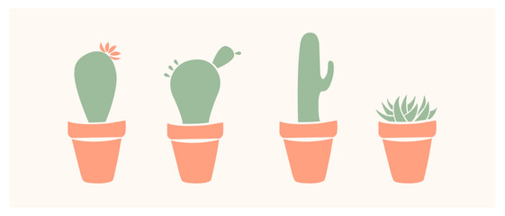 Set of cute cactus and succulents, vector illustration in flat style