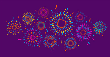 Fireworks vector pattern background. Bright color firework on dark sky