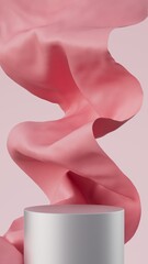 3d podium, Flying cloth, Fabric wave, Vertical mockup, Pink color, Luxury background, Illustration for branding and product presentation, 3d rendering.
