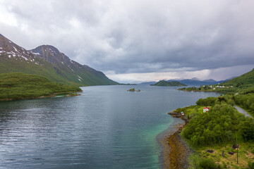Aerial view of Lofoten islands in north Norway