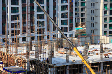 The construction workers are at work