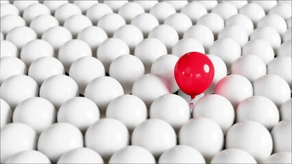 Closeup Red Balloon Floating on among White balloons Creative Idea. 3D animation. Selective Focus.