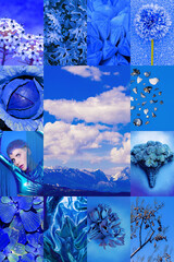 Set of trendy aesthetic photo collages. Minimalistic images of one top color.  Fashion Deep Blue...