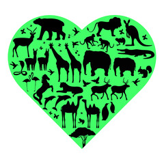 vector illustration of green heart with animals silhouettes inside