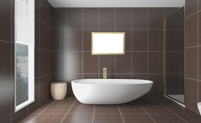 Fototapeta na wymiar Spacious bathroom in gray tones with heated floors, freestanding tub. 3D rendering.. Mockup. Empty paintings