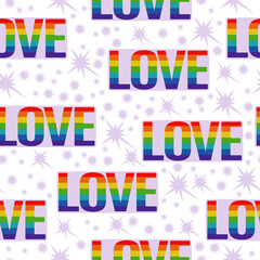 Love rainbow inscription seamless pattern, letters and small stars on a white background