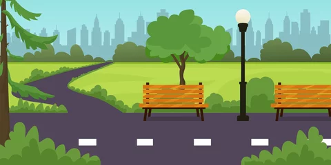 Fotobehang Aubergine park sidewalks illustration. Vector road near lawn grass, trees and bushes. Bench   © Background_GG
