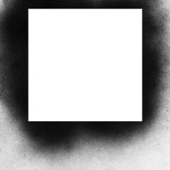Black aerosol spray art paper background hand painted, space empty white center frame square shape illustration. Grunge graffiti wall banner advertising event paper blank.Decoration spray paint poster