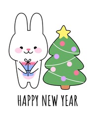Happy new year. Kawaii rabbit with gift and christmas tree. Bunny is a symbol of the year 2023 according to the Chinese calendar.