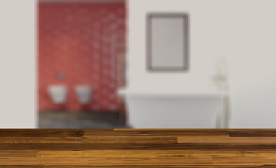 Clean and fresh bathroom with natural light. 3D rendering.. Mock. Background with empty wooden table. Flooring.