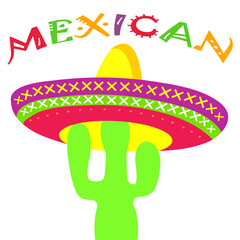 vector illustration of mexican sombrero and green cactus