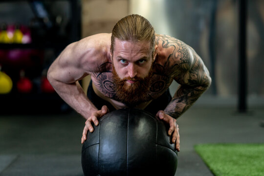 Ball - man ups beard push athletic medicine push caucasian fitness, concept muscular sexy from workout from young male, lifestyle boxer. Physical supplement,
