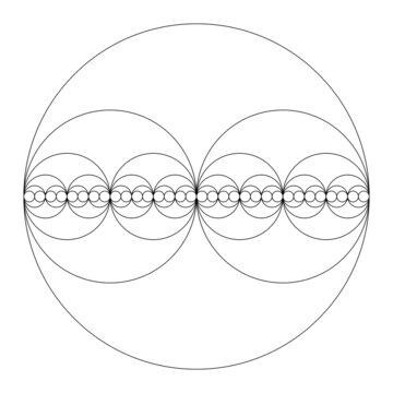 Circles forming a binary sequence. Circles, halved in diameters, showing the Power of Two, the exponentiation with number two. The first 6 non-negative powers of 2 are 1, 2, 4, 8, 16 and 32. Vector.