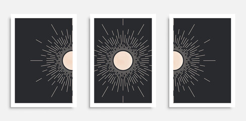 Abstract wall art poster set in mid century modern style with boho sun,moon and moon phases. Design for home interior, print, etc.