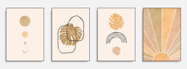 Vector wall art poster set with hand drawn abstract shapes, boho elements for home decor, print etc.