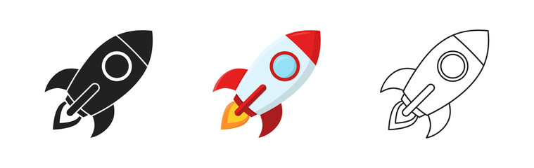 Rocket icon set. Black, linear and colorful. Vector EPS 10