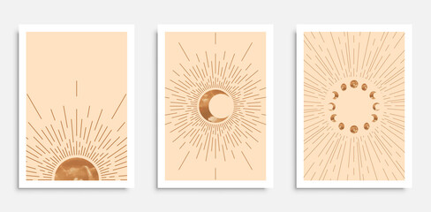 Abstract wall art poster set in mid century modern style with boho sun,moon and moon phases. Design for home interior, print, etc.