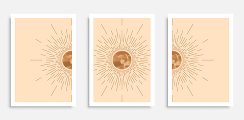 Abstract wall art poster set in mid century modern style with boho sun,moon and moon phases. Design for home interior, print, etc.