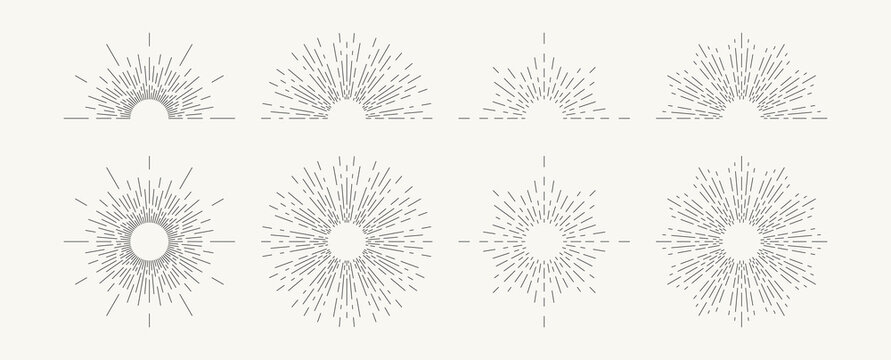 Light ray, sunburst set. Linear drawing in vintage style. Vector EPS 10