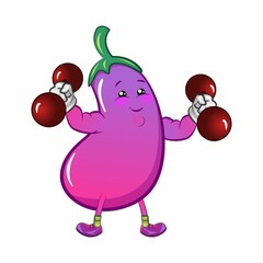 vector mascot character from eggplant cartoon train with heavy barbell