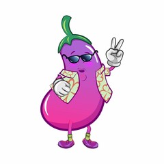 Naklejka premium vector mascot character from eggplant cartoon on on vacation by giving a peace sign