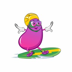 vector mascot character from eggplant cartoon snow boarding