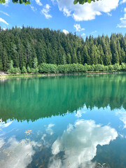 A lake with reflection of blue cloudy sky on its surface is surrounded by pine trees. 