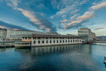GENEVA, SWITZERLAND - February 20, 2022: Grand Central at sunset, Geneva. Very cool interior and unique location.
Here with a few buddies for after-work drinks. The decor is industrial yet elegant and