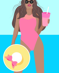 vector illustration of beautiful woman with hat standing on the beach