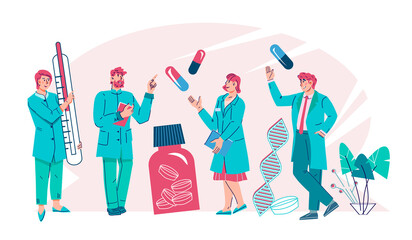 Clinic or pharmacy staff. Banner with doctors or pharmacists on the theme of healthcare, flat cartoon vector illustration isolated on white background.